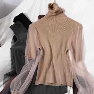 Sheer Panel Turtleneck Knit Top