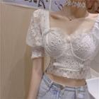 Puff-sleeve Lace Cropped Blouse
