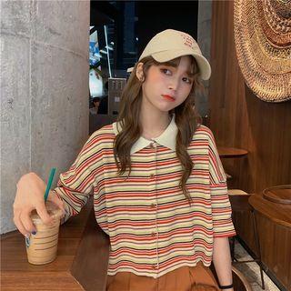 3/4-sleeve Striped Buttoned Knit Top