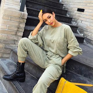 Set: Pocket-detail Cotton Pullover + Band-waist Pants