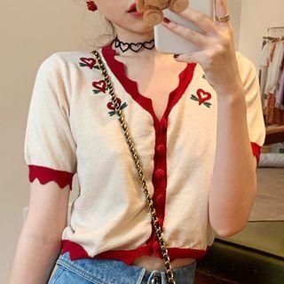 Short-sleeve Contrast Trim Cropped Cardigan Almond - One Size