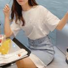 Set: Rhinestone Letter Short-sleeve T-shirt Dress + Buttoned Denim Mini Skirt