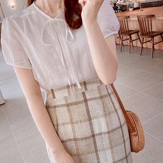 Puff-sleeve Tie-front Linen Blouse