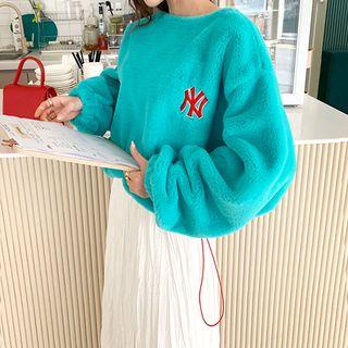 Letter-patched Faux-fur Pullover