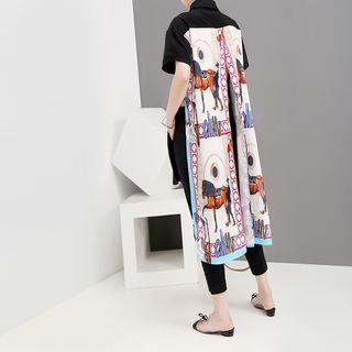 Elbow-sleeve High-low Printed Shirt Dress