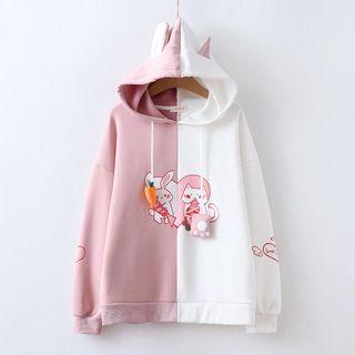 Color-block Rabbit & Cat Print Hoodie