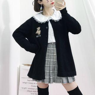 Bear Embroidered Cardigan / Lace Trim Blouse / Checked Blouse / Plaid A-line Skirt