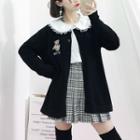 Bear Embroidered Cardigan / Lace Trim Blouse / Checked Blouse / Plaid A-line Skirt