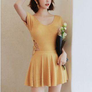 Set: Short-sleeve Lace-up Swimsuit + Swim Skirt