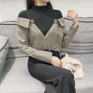 Mock-turtleneck Mock Two-piece Gingham Panel Blouse