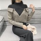 Mock-turtleneck Mock Two-piece Gingham Panel Blouse