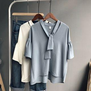 Plain Ruffle Trim V-neck Elbow Sleeve Blouse