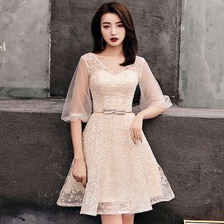 Lantern-sleeve Mini Lace A-line Cocktail Dress