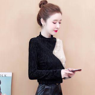 Mock-neck Rhinestone Color-block Velvet Top