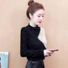 Mock-neck Rhinestone Color-block Velvet Top