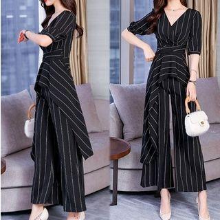 Set: Striped V-neck Elbow-sleeve Blouse + Wide-leg Pants