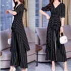 Set: Striped V-neck Elbow-sleeve Blouse + Wide-leg Pants