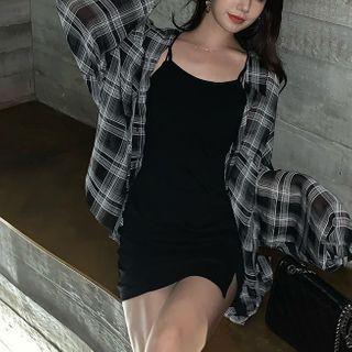 Spaghetti Strap A-line Dress / Plaid Shirt / Set