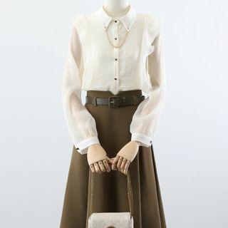 Puff-sleeve Chained Shirt / Belted Midi A-line Skirt