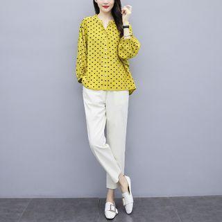 Set: Dot Print Shirt + Straight-fit Dress Pants