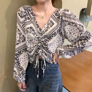 Long-sleeve V-neck Print Drawstring Top