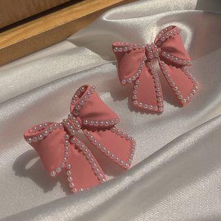 Faux Pearl Bow Earring 1 Pair - Silver Needle - One Size