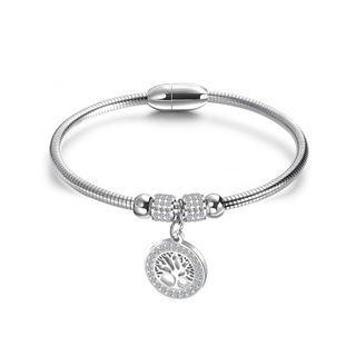 Fashion And Elegant Geometric Round Tree Of Life 316l Stainless Steel Bangle With Cubic Zirconia Silver - One Size