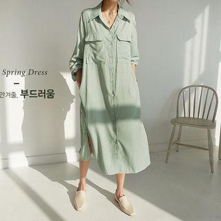 Flap-pocket Midi Shirtdress With Sash