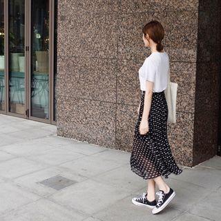 Pleated Polka-dot Long Skirt