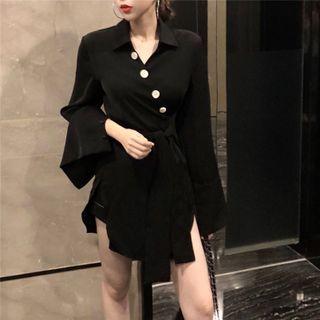 Long-sleeve Collared Mini Dress Black - One Size