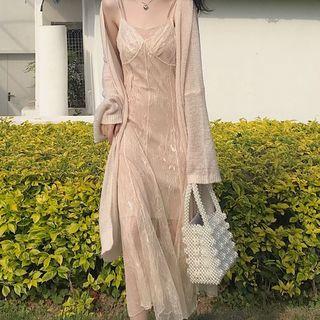 Long Cardigan / Spaghetti Strap Lace Maxi Dress