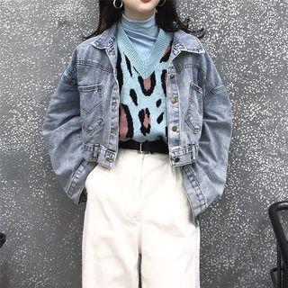 Plain Turtleneck Long-sleeve Slim-fit Top / Leopard Print Knit Vest