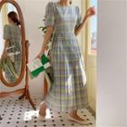 Puff-sleeve Pleated Long Plaid Dress Yellow - One Size