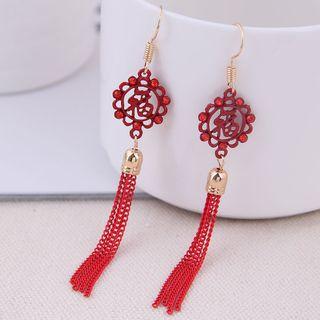 Chinese Characters Rhinestone Tassel Earring Red - One Size