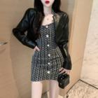 Faux Leather Cropped Jacket / Printed Letter Button-up Mini Dress