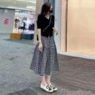 Short-sleeve Blouse / Patterned Midi A-line Skirt / Set