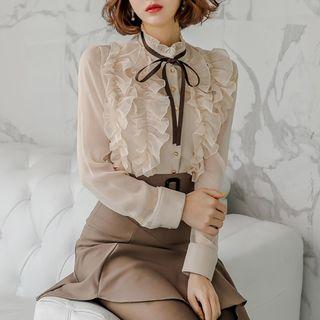 Set: Long-sleeve Ruffle Blouse + Mini A-line Skirt