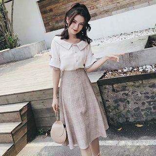 Set: Plaid Panel Elbow-sleeve Collared Blouse + Plaid A-line Skirt