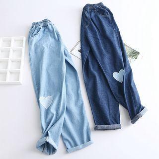 Heart Embroidered Washed Jeans