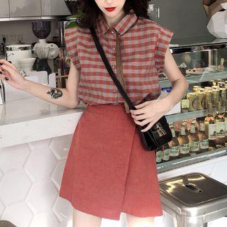 Plaid Short-sleeve Blouse / Side Tie A-line Skirt