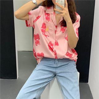 Print Loose-fit Short-sleeve Shirt Pink - One Size
