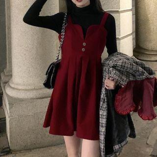 Long-sleeve Mock-neck T-shirt / Mini Overall Dress
