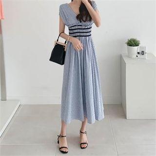 Smocked-waist Contrast-trim Gingham Dress