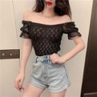 Puff-sleeve Open Knit Cropped Top
