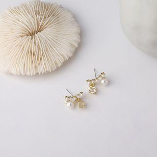 Faux Pearl Caged Rhinestone Dangle Earring 1 Pair - Gold & White - One Size