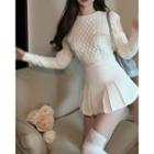 Cold-shoulder Cropped Cable Knit Sweater / Pleated Mini Skirt