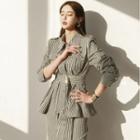 Set: Long-sleeve Striped Belted Shirt + A-line Midi Skirt