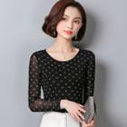 Round-neck Printed Long-sleeve Mesh Top / Turtleneck Printed Long-sleeve Mesh Top