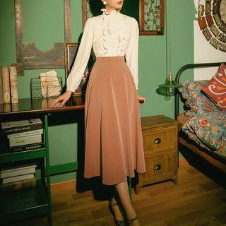 Set: Ruffle Trim Blouse + Midi A-line Skirt