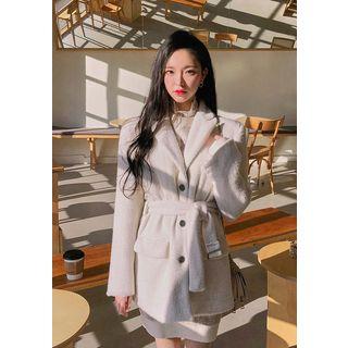 Peak-lapel Belted Fuzzy Blazer